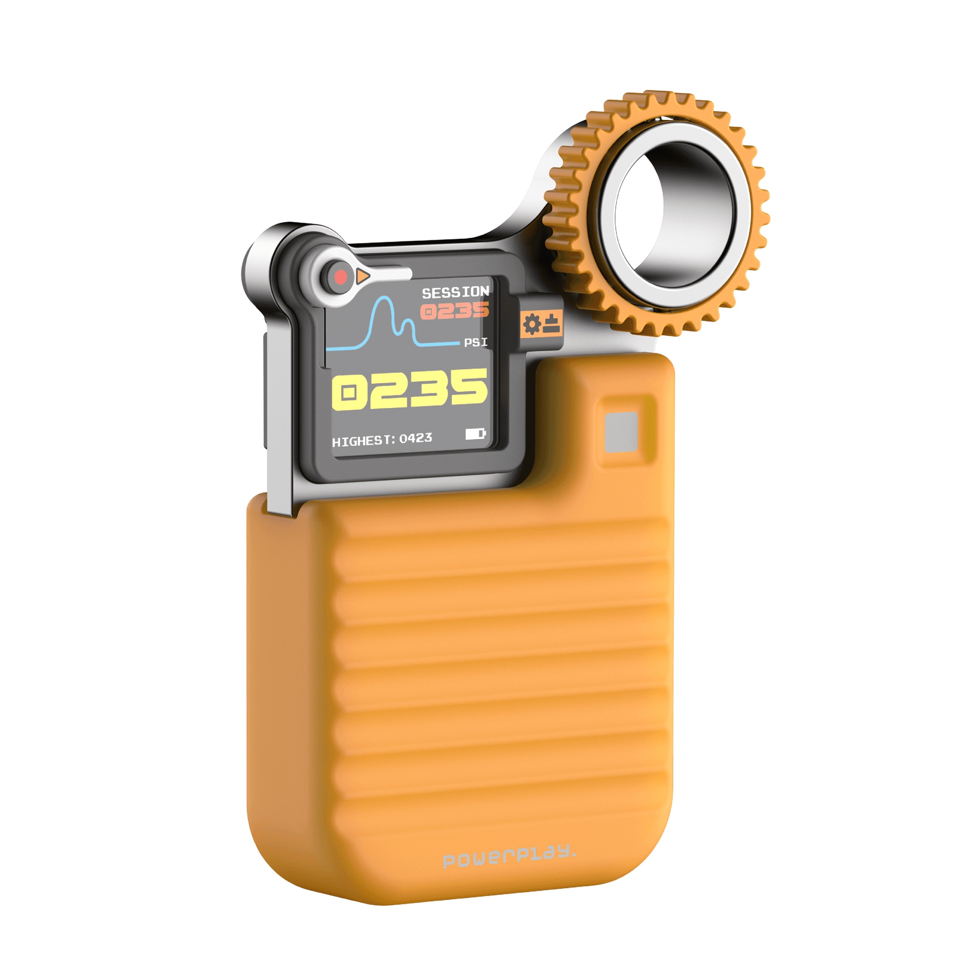 PowerPlay device — orange body with chrome spinning gear-ring